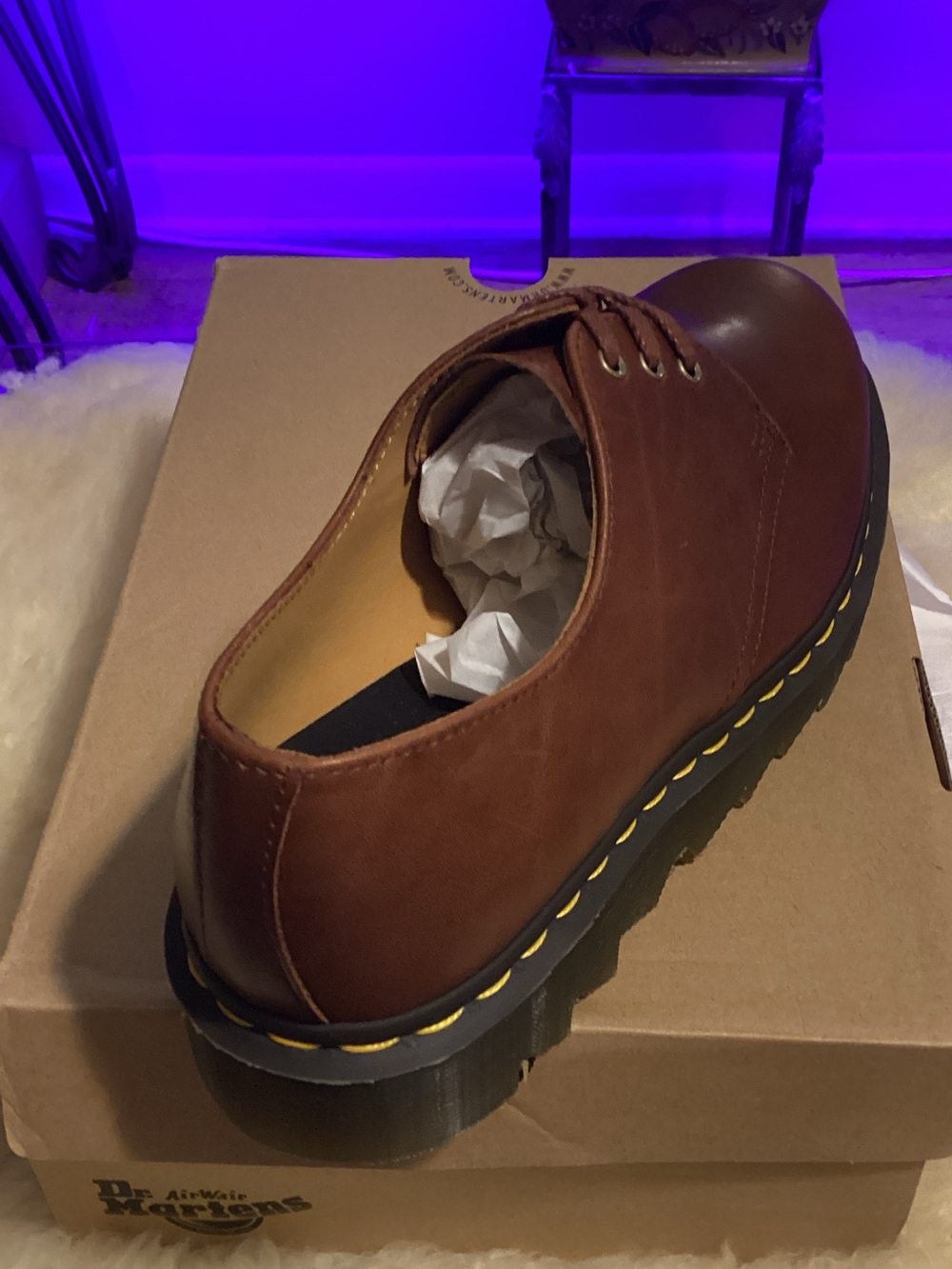 Dr. Martens Brown Leather 3-Eye Derby with Yellow Welt Stitching - Picture 2 of 4